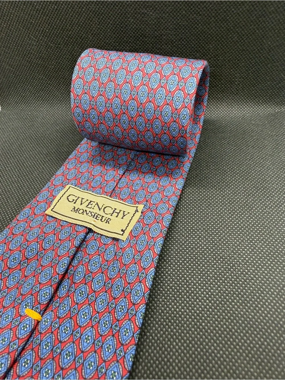 ⁠Givenchy Monsieur Silk Tie Red Blue Geometric Pattern Designer Necktie